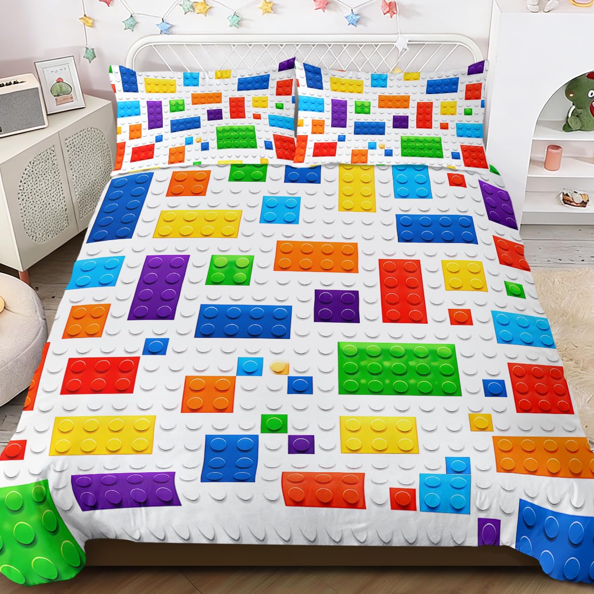 BlessLiving Building Block Bedding Set for Kids Boys Colorful Toy Bedset 3 Piece Teens Modern Single Size Comforter Cover Sets (White)