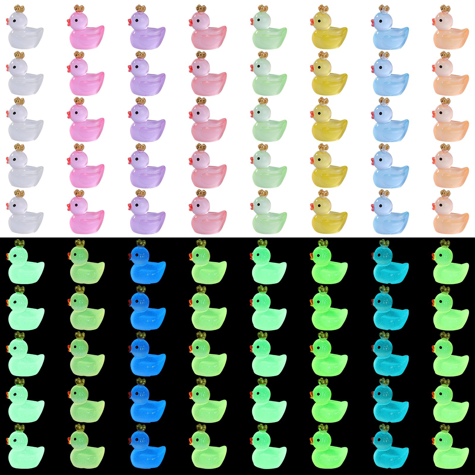 WEWAYSMILE 120pcs 12 Styles Mini Luminous Resin Figurines, Tiny Resin Ducks Miniature Figures, Mini Bright Resin Ducks, with Crown, for Home Garden Doll Room Landscape Decoration DIY