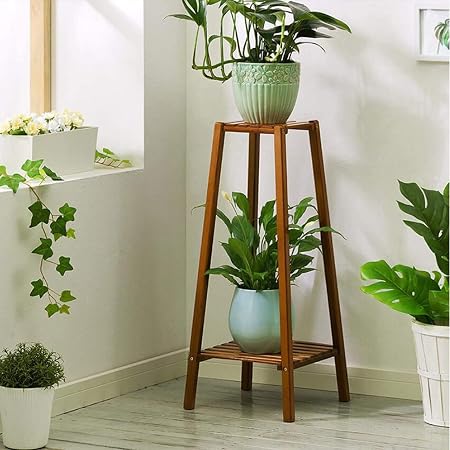 Amazon Com Magshion Bamboo Tall Plant Stand Pot Holder Small Space Table 2 Tier Garden Outdoor