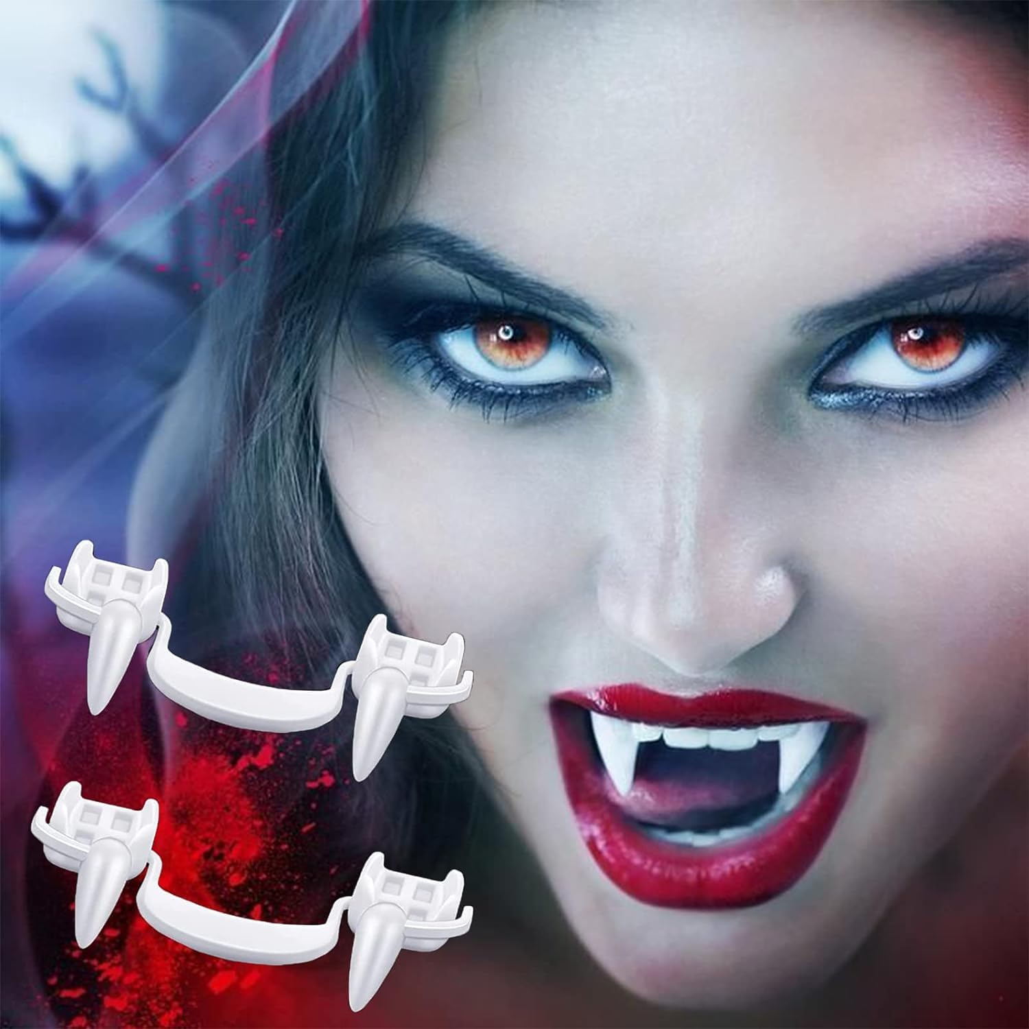 Photo 1 of Selimay 3 Pairs Retractable Realistic Vampire Zombie Fangs, Not Scratch The Gums, Reusable Creepy Fake Teeth Braces, Halloween Party Dress Up Horror Props for Kids or Adults