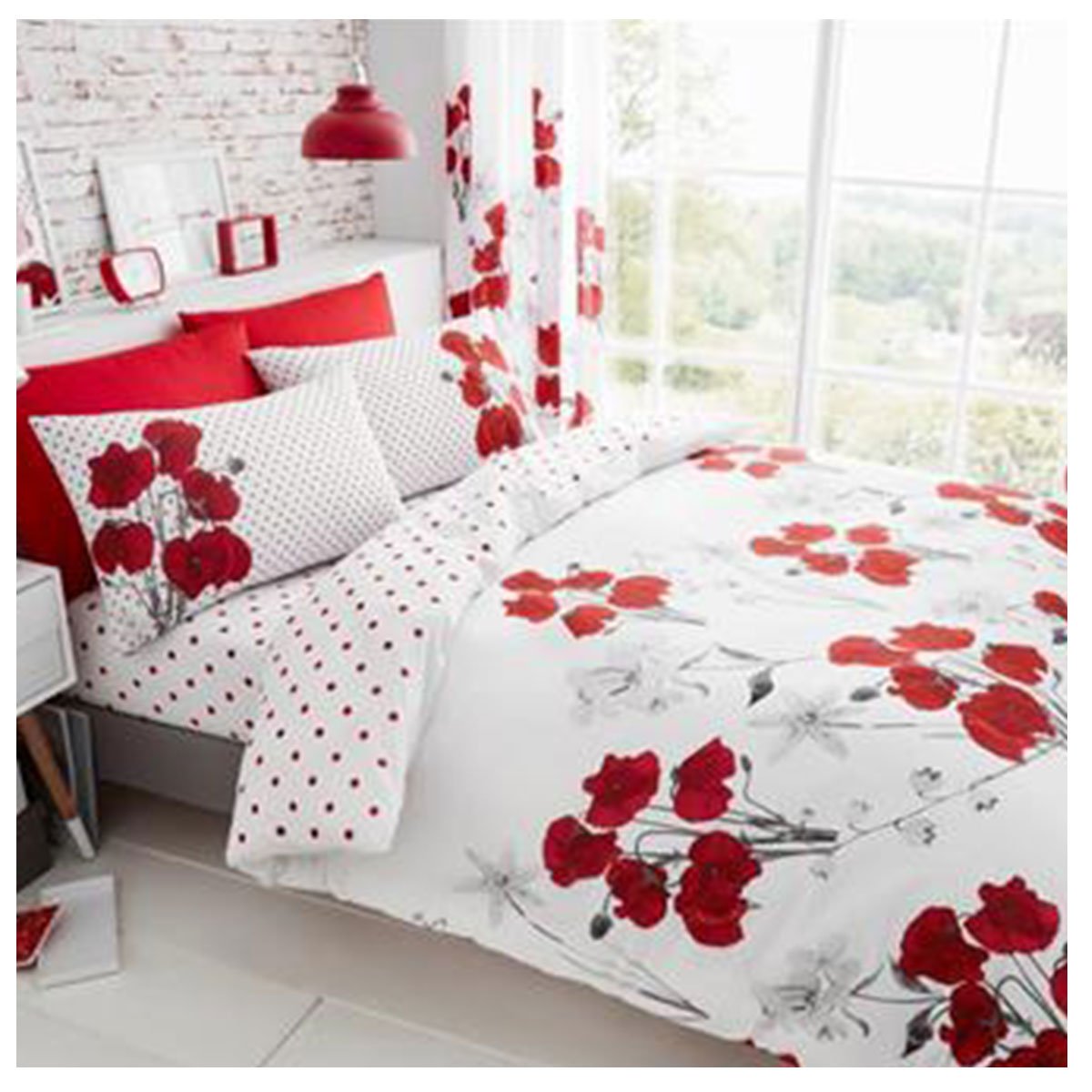Comfy POPPY Bed Set with Duvet Cover and Pillow Cases, Polyester-Cotton, Red, Single