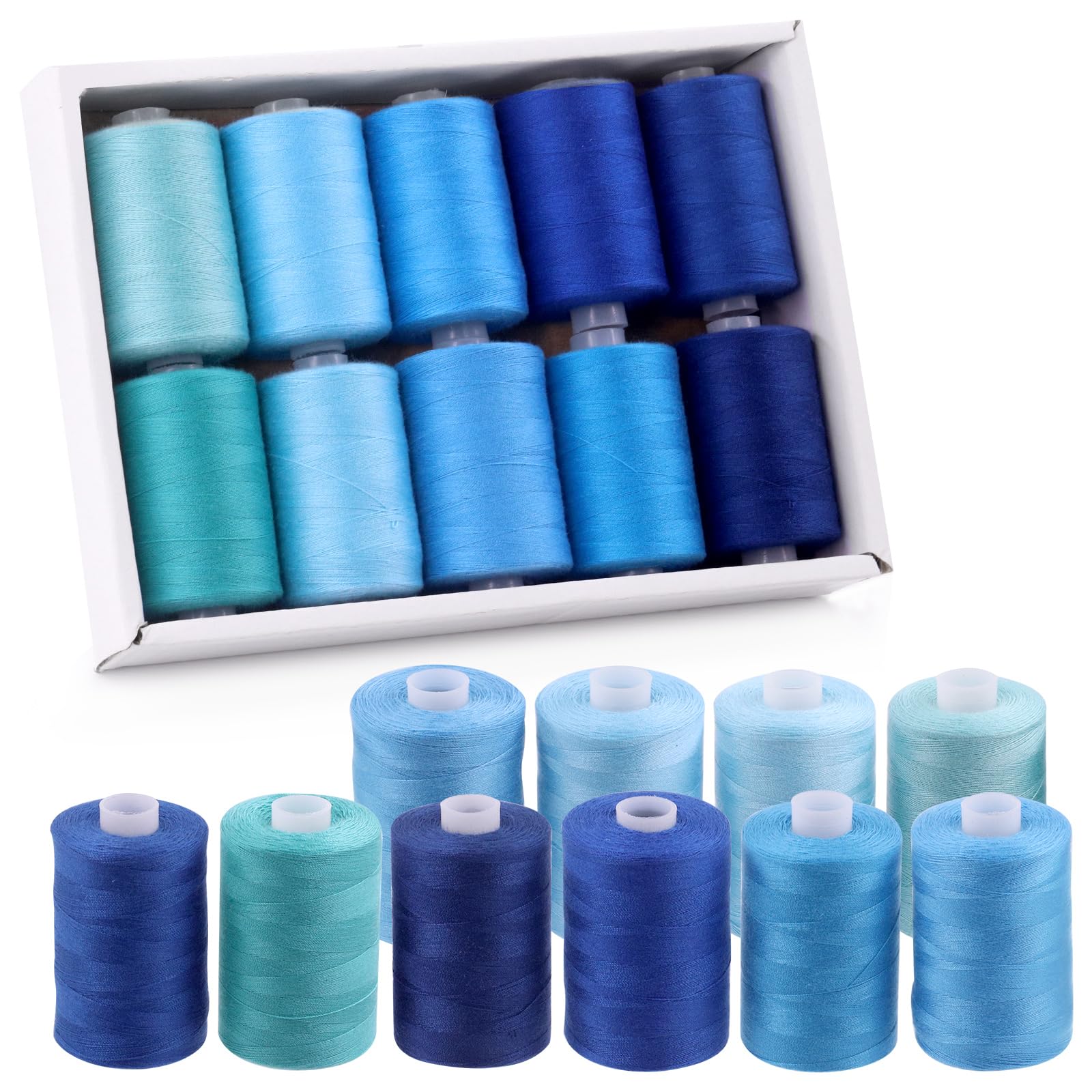 Swpeet 10pcs 1000 Yards Blue Colors All-Purpose Polyester Sewing Threads with Sewing Needles Kit - 10 Colors