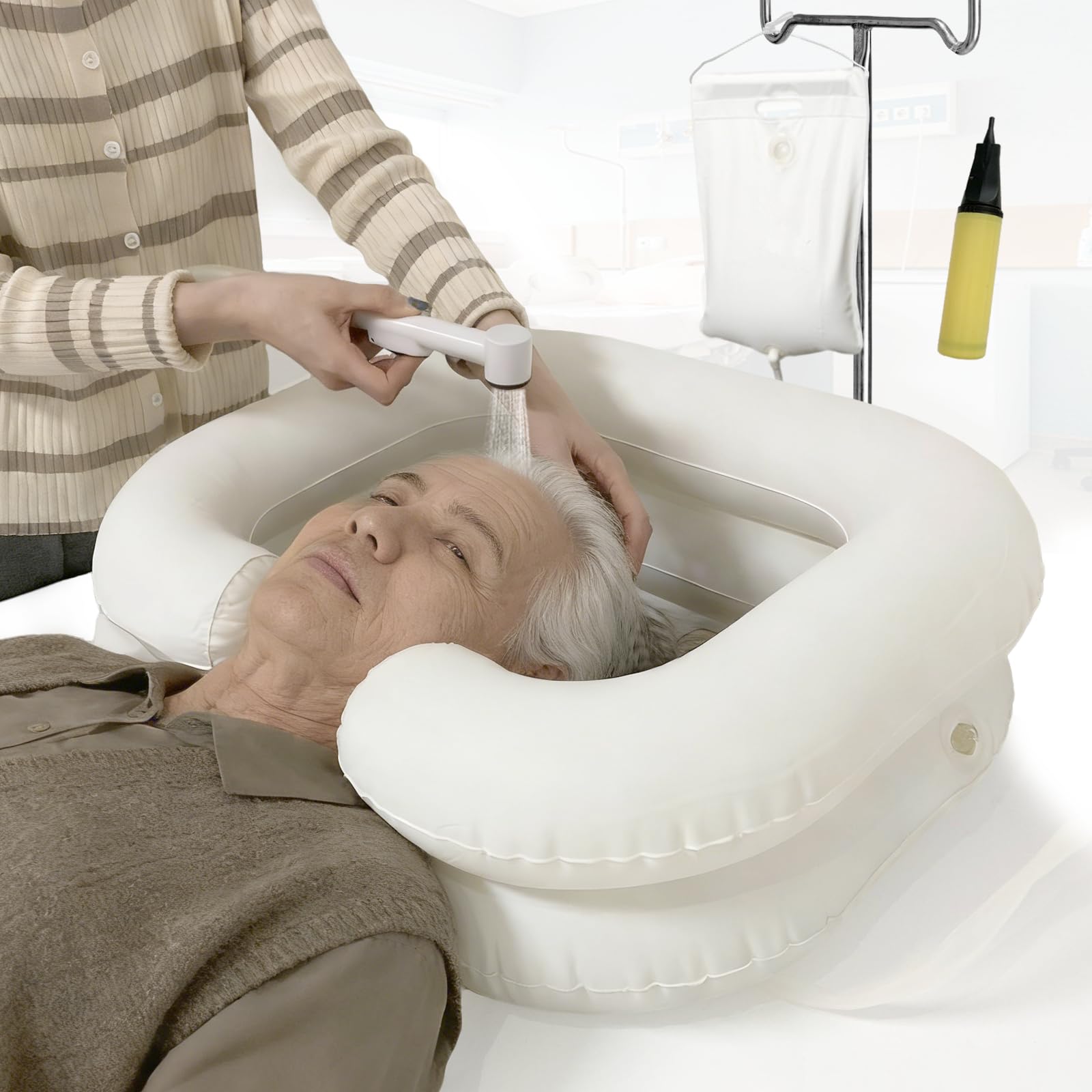 Inflatable Bedside Shampoo Basin kit, Bedside Shower System for Disabled& Elderly Bed Easy, Pregnancy, Bedridden or Post-Surgical Patient, Bed-confined Patient,Overhead Shower with Water Bag(Set of 4)