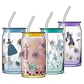 JoyJolt Disney Princess Icon Glass Tumblers with Lids and Straws, 16oz Glass Cups with Lids and Straws ft Princess Jasmine Ariel Cinderella Belle, 4pc Can Shaped Drinking Glasses, Iced Coffee Cups