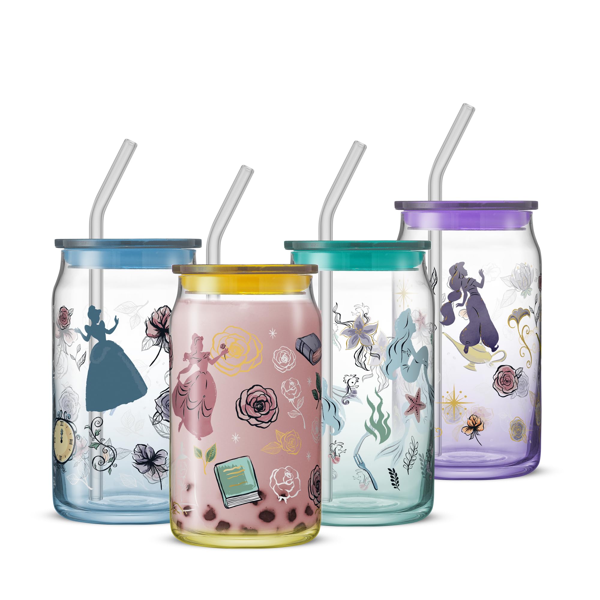 Photo 1 of ***MISSING PIECES*** ***READ CLERK NOTES*** JoyJolt Disney Princess Icon Glass Tumblers with Lids and Straws, 16oz Glass Cups with Lids and Straws ft Princess Jasmine Ariel Cinderella Belle, 4pc Can Shaped Drinking Glasses, Iced Coffee Cups