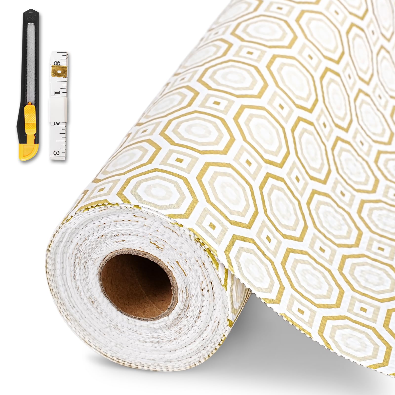 Drawer and Shelf Liner for Kitchen Cabinet,Non-Adhesive Cabinet Liner 18in x 20FT,Waterproof Shelf Paper Non-Slip Mats Cupboard Liners Contact Protect Dresser/Shelves/Table-Gold Octagonal Image