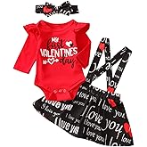 Honykids Newborn Baby Girls Valentines Day Outfits My 1st Valentine's Day Romper Suspender Skirt Headband Overall Clothes Set
