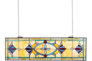 VEVOR Stained Glass Window Panel, 32 x 10 in, Tiffany Style Hanging Transom Window Panel with Chain, Large Horizontal Rectangle Stain Glass, Vintage Traditional Art Handcrafts for Kitchen Home Decor