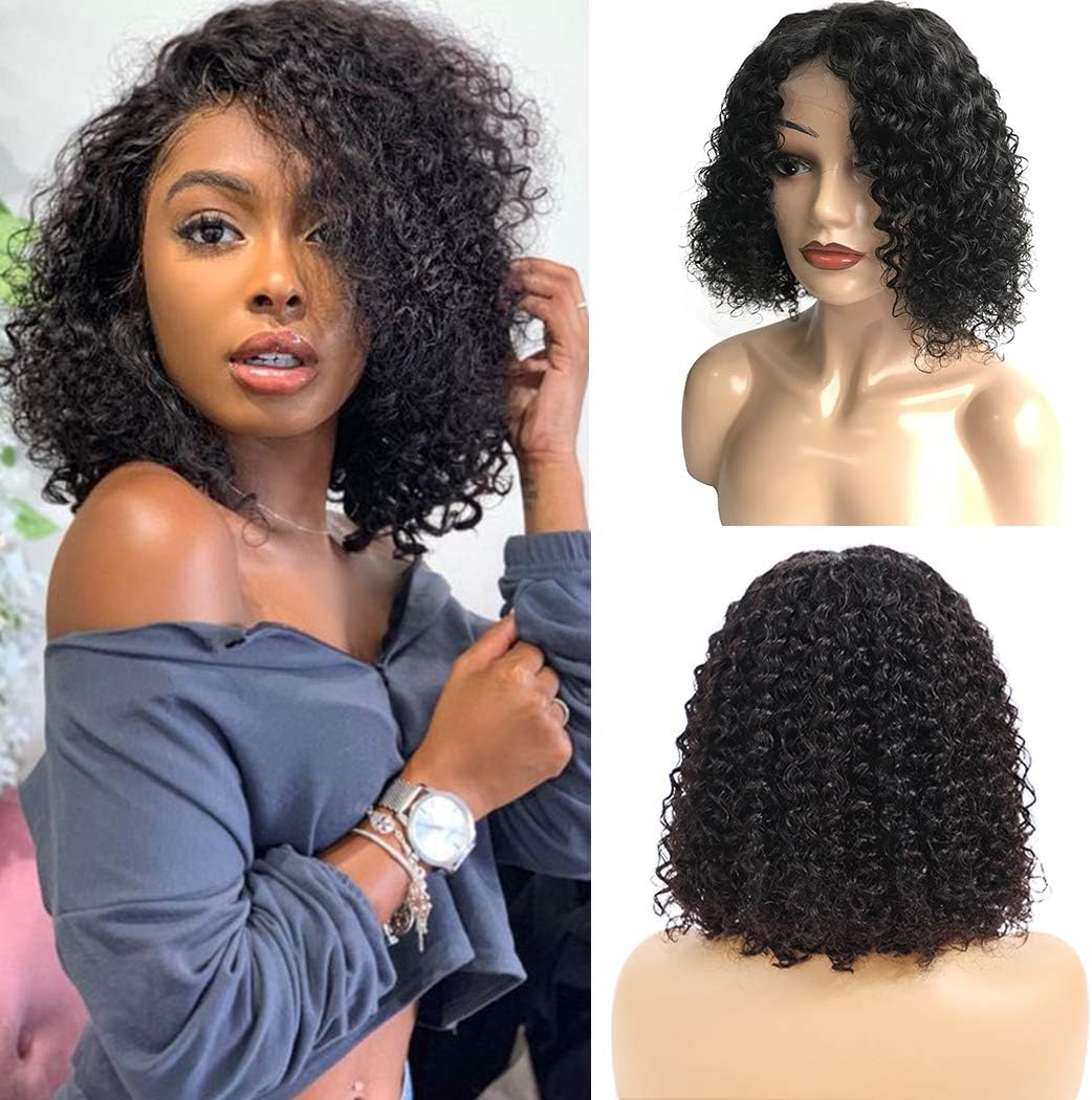 Hair 13X4 Brazilian Curly Wig Lace Front 150% Density Full Pre Plucked Natural Hairline kinky Curly Short Human Hair Lace Front Wigs for African American Black Women (12 Inch, Natural Color)