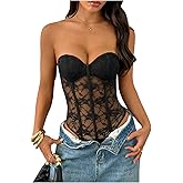 SweatyRocks Women's Floral Lace Strapless Mesh Bodysuit Sexy Sheer Leotard Tube Corset Top Night Out Rave Party Club