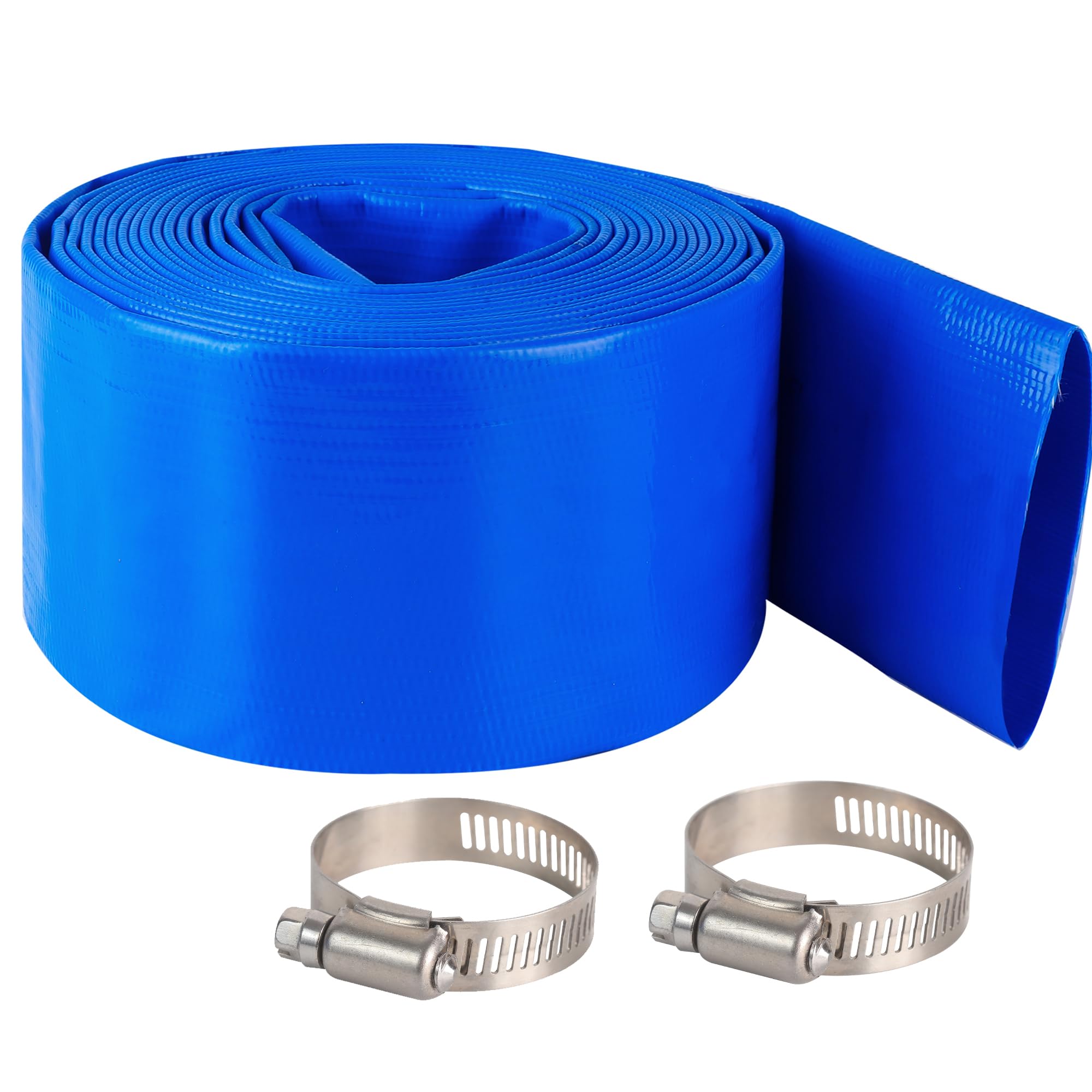 Geowaky 3" x 100 FT Lay Flat Water Pump Discharge Hose, Blue Heavy Duty Reinforced PVC Pool Backwash Hose for Swimming Filter Pump,with 2 Clamp Image