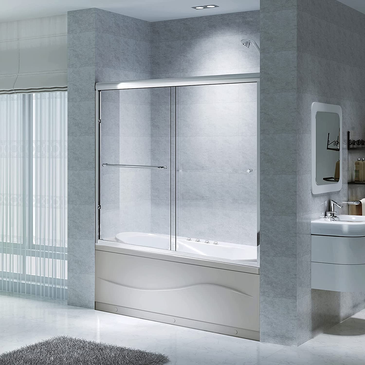 Photo 1 of  **MISSING HANDLES AND HARDWARE** CKB Bathtub Sliding Doors, Semi-Frameless Bypass Tub Door, 56"-60" W x 56" Height, 1/4" (6mm) Tempered Safety Glass, Chrome Polished, Berlin