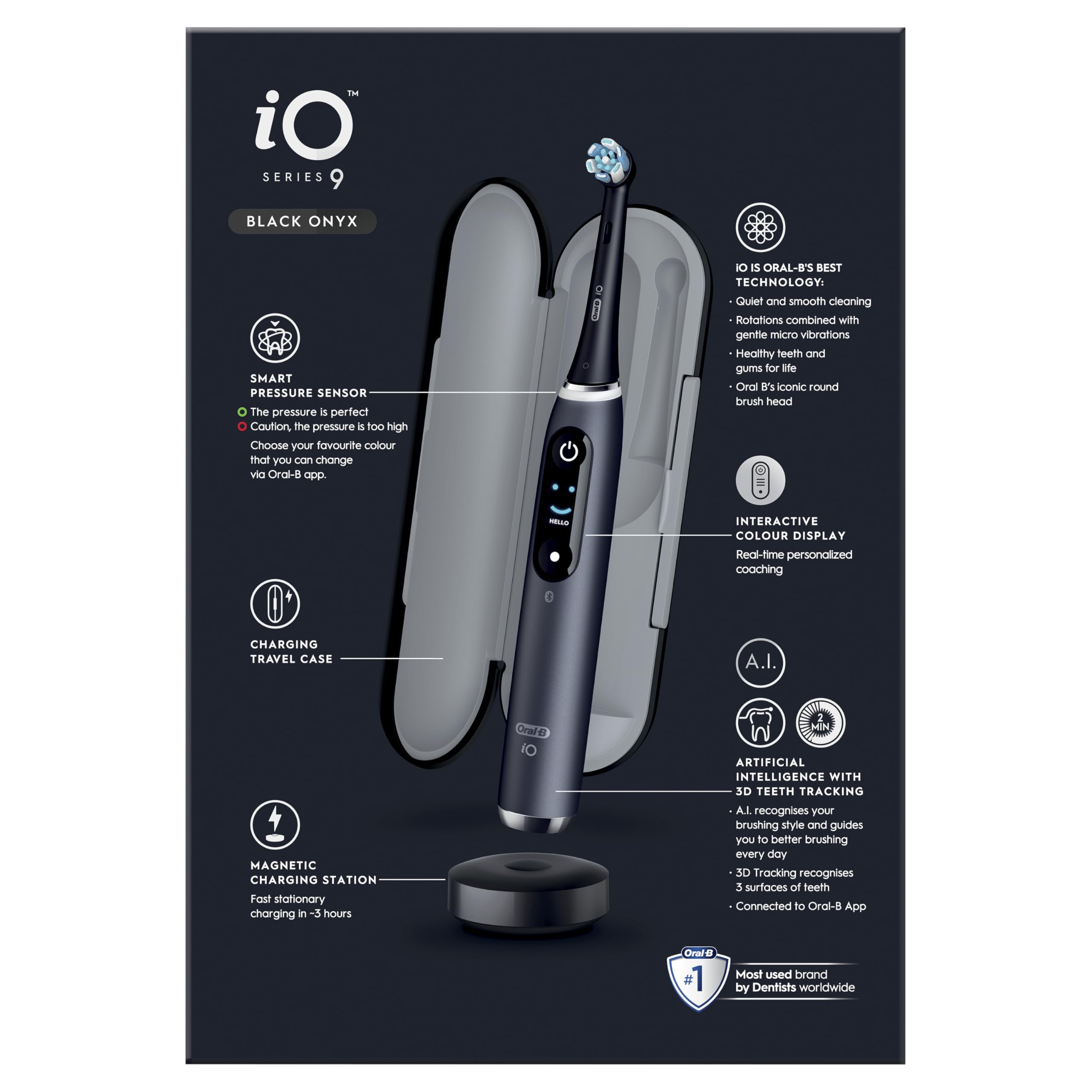 Oral-B iO9 Electric Toothbrushes For Adults, App Connected Handle, 1 Toothbrush Head, Charging Travel Case & Magnetic Pouch, 7 Modes, 2 Pin Plug, Special Edition
