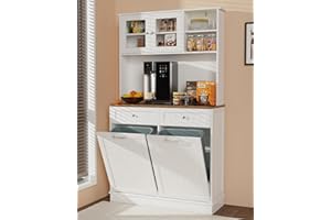 YOCONYO Double Tilt Out Trash Cabinet Storage Cabinet 20 Gallon with Two Solid Wood Hideaway Trash Holder Drawers, Dual Wooden Free Standing Recycling Cabinets Trash Can Bin Kitchen (White Brown)