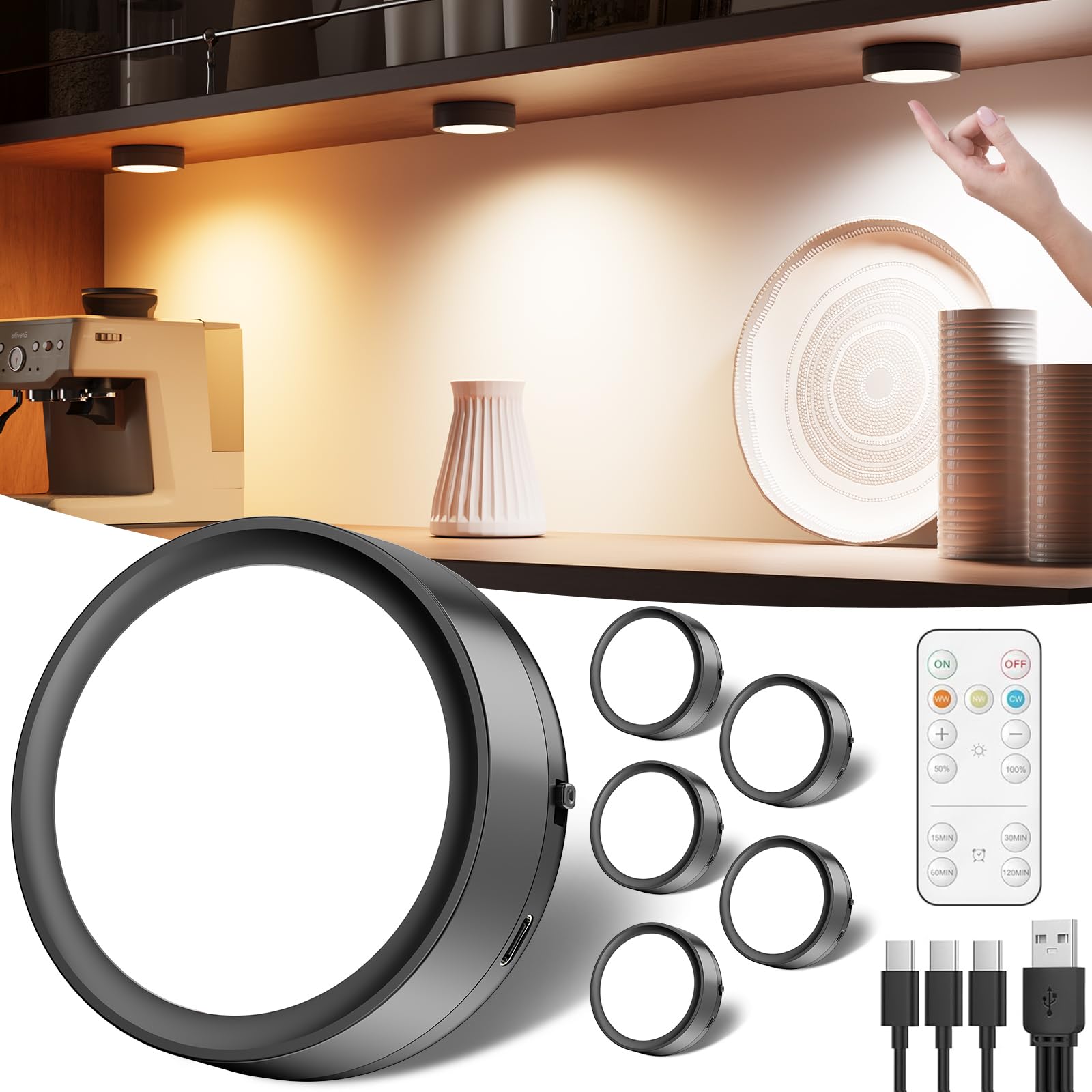 Photo 1 of Rechargeable Puck Lights with Remote Control, 2400mAh Battery Powered LED Push Lights Stick On for Closet Magnetic Tap Light USB Display Shelf Lighting Kitchen Under Cabinet Press Button Light