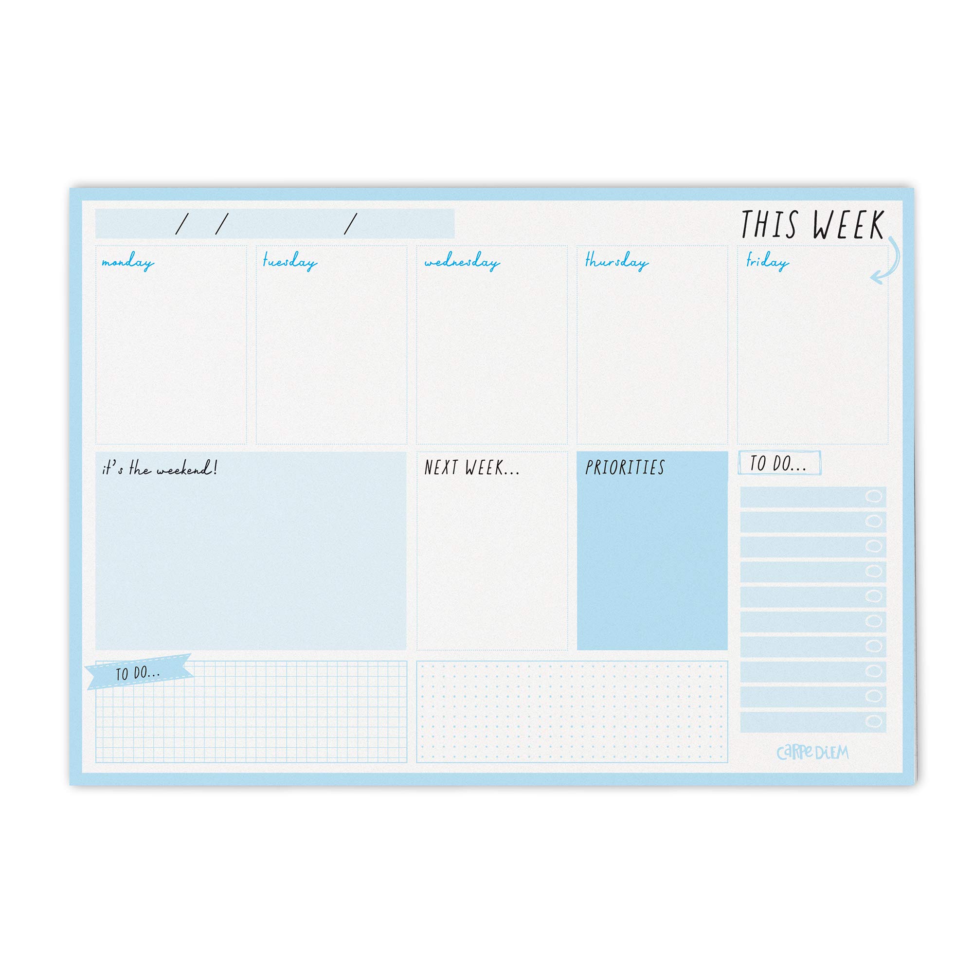 Pukka Pad Carpe Diem Weekly Planner Pad for Daily Organization, Scheduling, & Appointments - Includes To-Do List, Weekend, & Priority Sections, 60 Sheets Tear-Off Sheets, 11.7 x 8.3in, Sky Blue