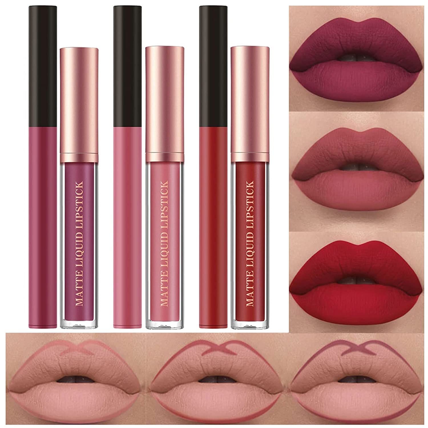 6Pcs Matte Liquid Lipstick Lip Liner Set, Velvety Nude Lipgloss Waterproof Non-Stick Cup Not Fade Liquid Lipstick Lipliner Make Up Gift Set (Set B) — image 1