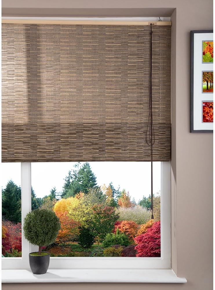 Brooklyn Black Corded Fabric Roman Window Blind with Line Pattern and Papyrus Design - 60 x 160 cm