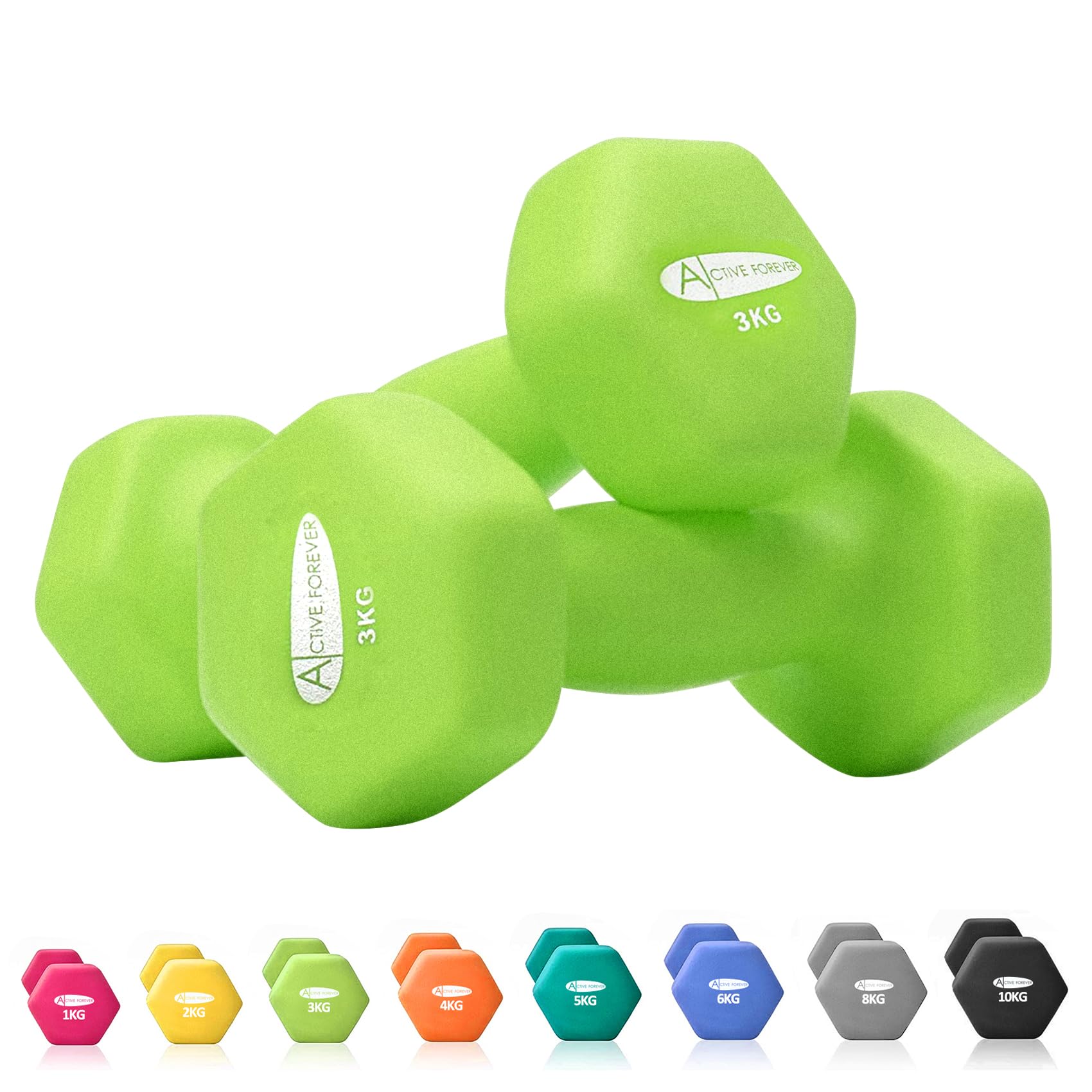 ACTIVE FOREVER Dumbbells 2×3kg, Set of 2, Hex Dumbbells Pair, Neoprene Waterproof Non-slip Dumbells Set (Grass Green)