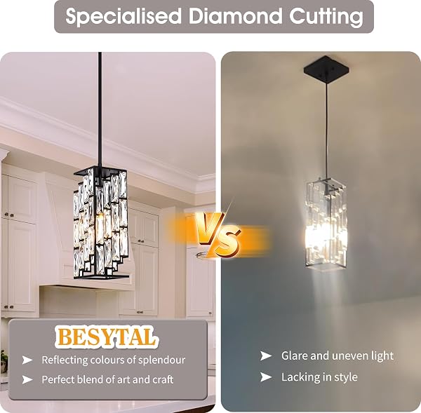 BESYTAL CRYSTAL PENDANT LIGHTS KITCHEN ISLAND 2 PACK, MODERN BLACK CHANDELIER HEIGHT ADJUSTABLE, HANGING LIGHTS FOR KITCHEN ISLAND DINING ROOM BEDROOM