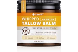AirroYE Grass-Fed Beef Tallow for Skin: Whipped Beef Tallow Face Body Moisturizer - All Natural Skincare Tallow Balm for Eczema and Dry Skin 4oz (Unscented)