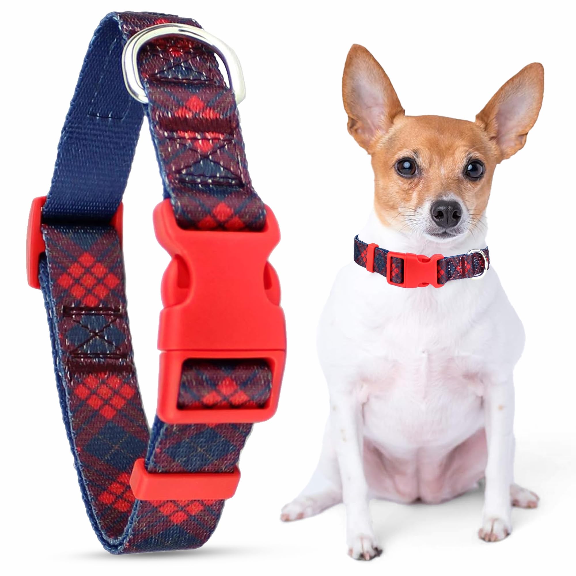 Parisian Pet Adjustable Nylon Dog Collar | Scottish Red Plaid Dog Collar | Size - XS