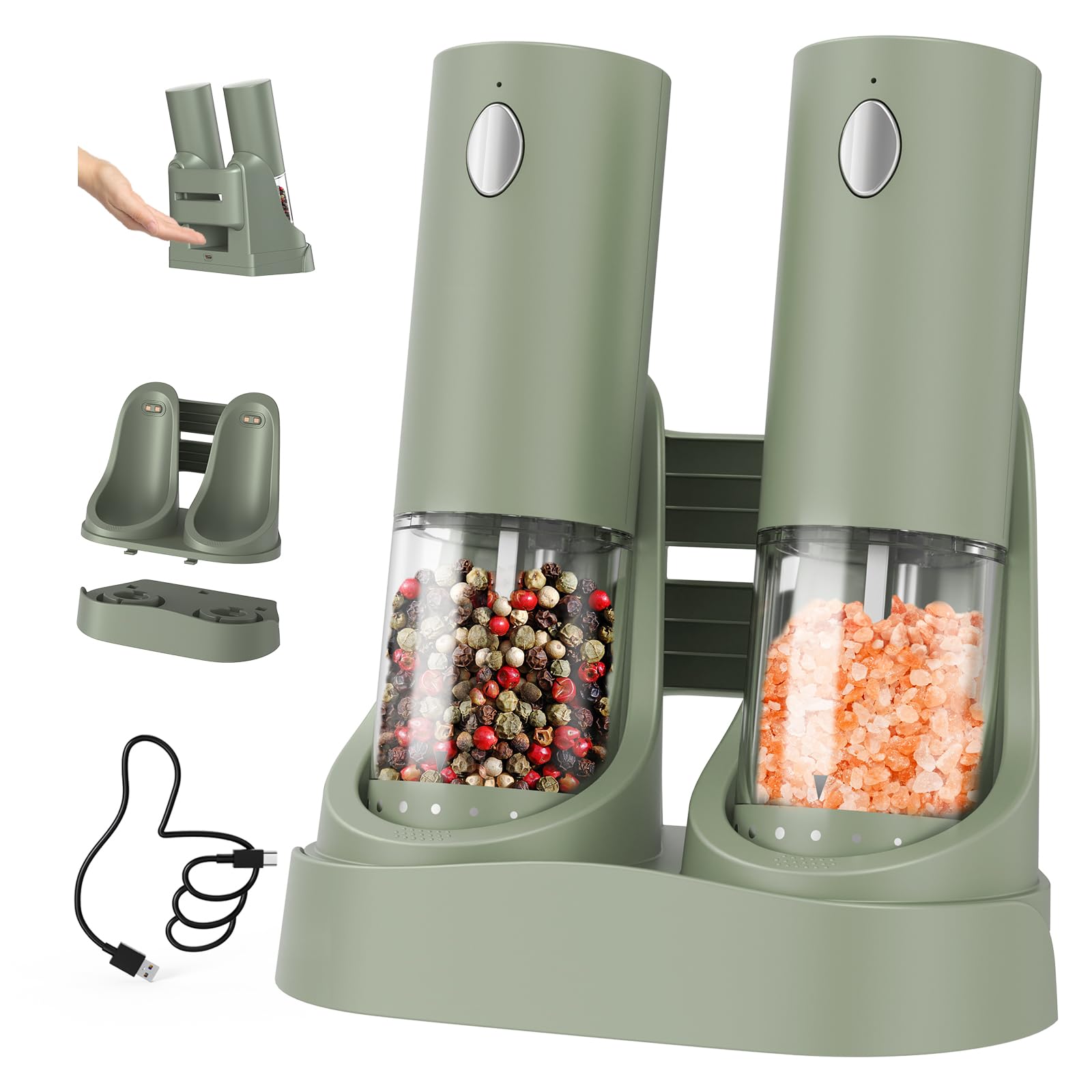 Photo 1 of CIRCLE JOY Electric Salt and Pepper Grinder Set Automatic Salt and Pepper Grinder Set with Easy-to-Carry Charging Base and LED Light, USB Rechargeable, Upgrade External Adjustable Coarseness, Green