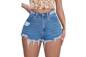 MapleHub Plus Size Women's Ripped Denim Jean Shorts High Waisted Stretchy Folded Hem Short Jeans