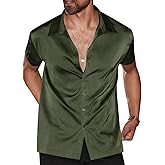 Runcati Mens Luxury Satin Silk Dress Shirts Casual Button Down Short Sleeve Prom Party Wedding Shirt