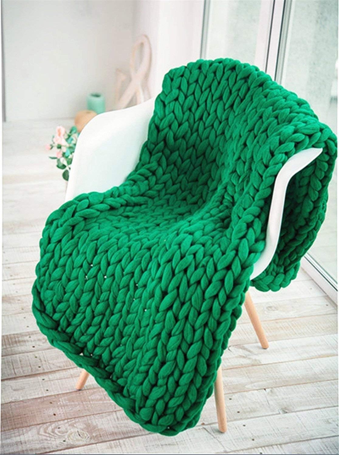 clootess Chunky Knit Blanket Merino Wool Hand Made Throw Boho Bedroom Home Decor Giant Yarn (Green 32"x40")