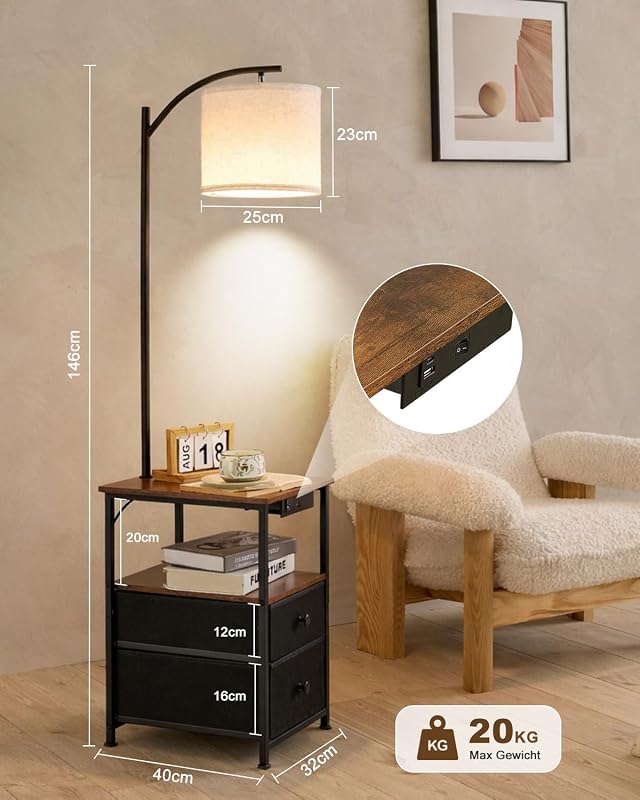 Stehlampe mit Tisch und 2 Schubladen, Nachttischlampe mit USB & Typ-C Ladefunktion, Stehleuchte mit 3 Farbtemperaturen und verstellbarem Lampenschirm, LED Stehlampe für Wohnzimmer und Schlafzimmer