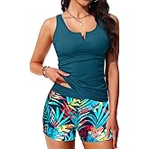 Daci Womens 2 Piece Tankini Swimsuits - Tummy Control Bathing Suit with Shorts V Wire Tankini Top Ribbed Swimwear