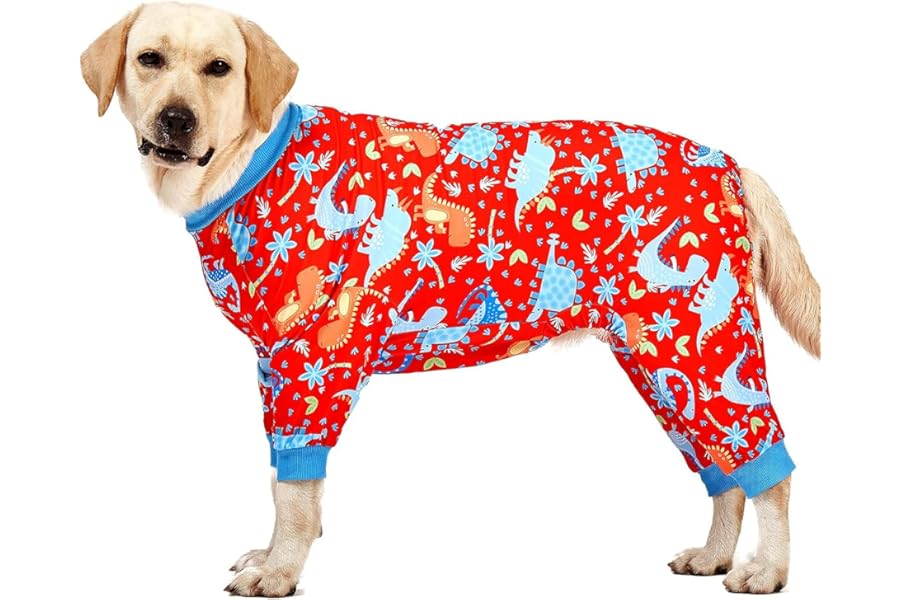 LovinPet Pitbull Dog Pajamas, Large Dog Onesies for Surgery Care, Lightweight Stretchy Knit Fabric, Dinosaur Jungle Red Print, Pet Clothes, UV Protection, Pet Anxiety Relief, PJ's for Dogs, L