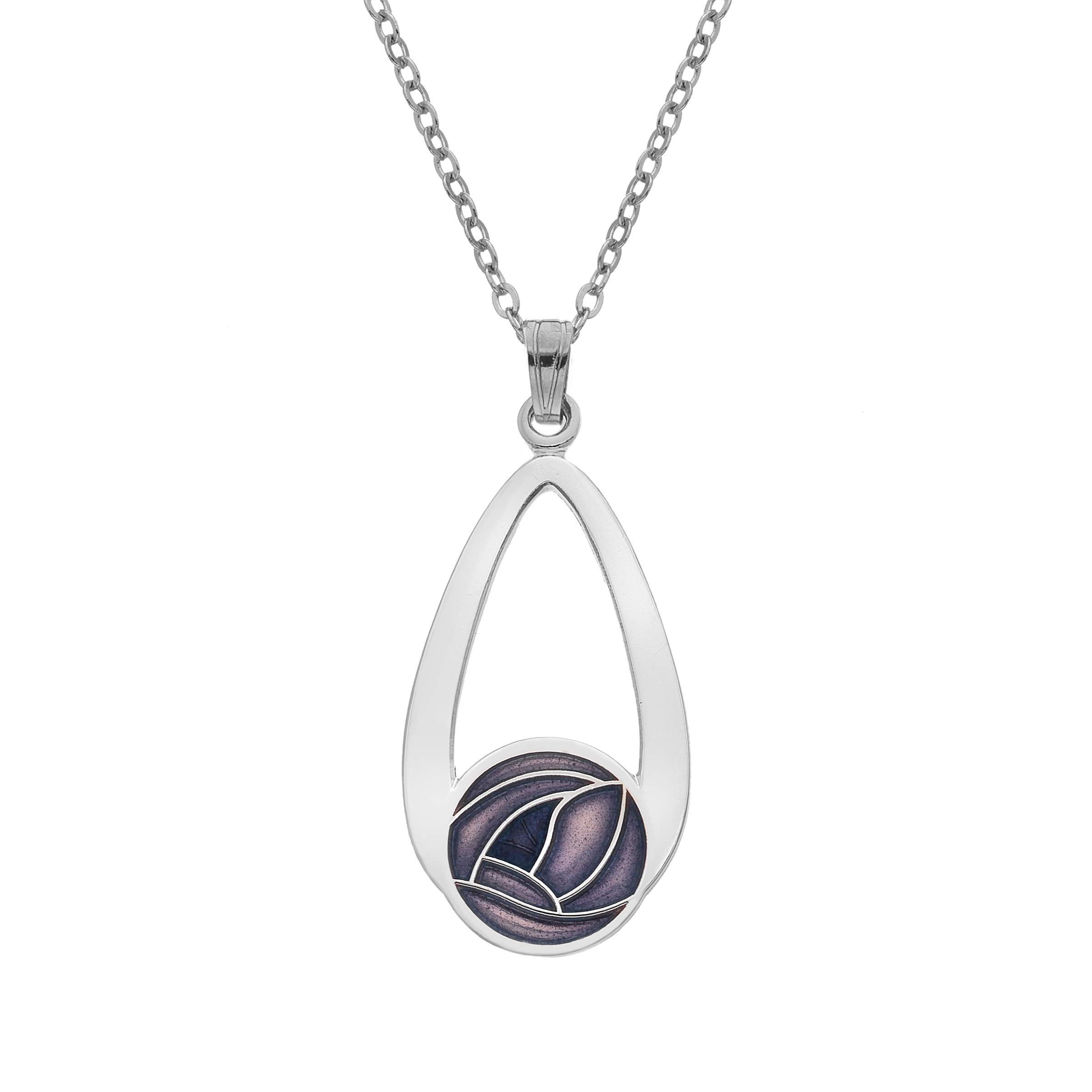 Sea Gems Rennie Mackintosh Inspired Enamelled Oval Teardrop 28mm Round Rose Necklace Pendant On 16 Inch Chain In Presentation Box (Purple)