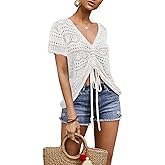 Saodimallsu Womens Crochet Cover Up Oversized V Neck Flowy Boho Crop Tops Summer Beach Coverup Vacation Outfits