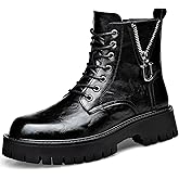 QEOSNBX Men'S Genuine Leather Platform Combat Boots Fashion Lace Up Side Zipper Lug Sole Non-Slip High Top Motorcycle Boots Comfort Outdoor Waterproof Soft Sole Work Ankle Booties