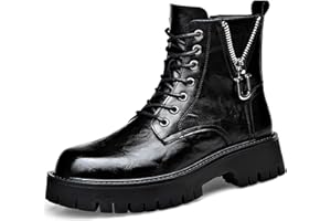 QEOSNBX Men'S Genuine Leather Platform Combat Boots Fashion Lace Up Side Zipper Lug Sole Non-Slip High Top Motorcycle Boots Comfort Outdoor Waterproof Soft Sole Work Ankle Booties