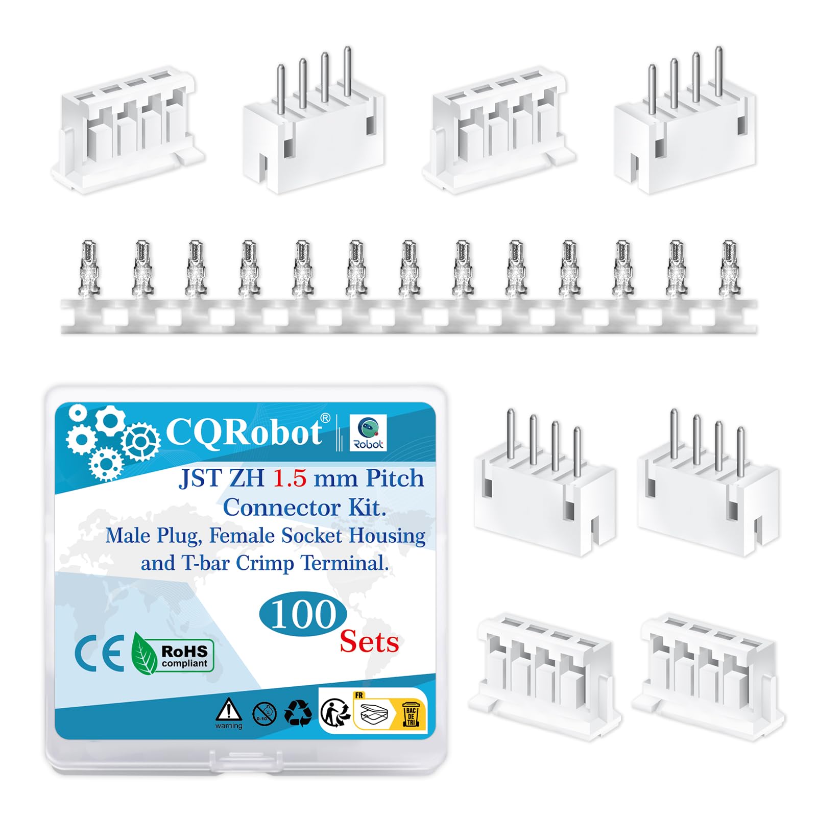 CQRobot JST ZH 1.5 mm Pitch 4-Pin Electronic Computer Connector IC Male Plugs, Female Sockets Housing and T-Shaped Crimp Terminal Kit. 100 Sets/600 Pieces Wire-to-Board Adapter Cable Assembly.