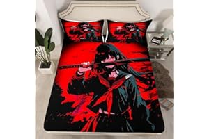 Erosebridal Japanese Anime Bedding Set for Kids, Anime Girl Fitted Sheet Queen Size Japanese Girl Bed Sheets for Girls Teens Adult, Kawaii Animation Red Black Sheets, Machine Washable