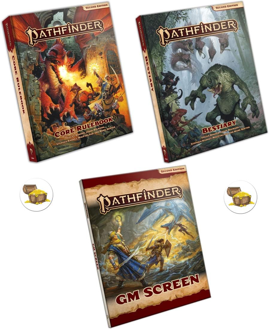 Bundle of Pathfinder 2nd Edition Hardback Core Rulebook, Hardback Bestiary, and GM Screen Plus 2 Treasure Chest Buttons