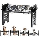 PLITTPETTS Elevated Dog Bowls, 9 Heights Adjustable Raised Dog Bowl Stand for Small & Medium Pet with 2 Stainless Steel Dishes and 1 Slow Feeder Bowl, Sturdy Bamboo Pet Food Dishes with Non-Slip Feet