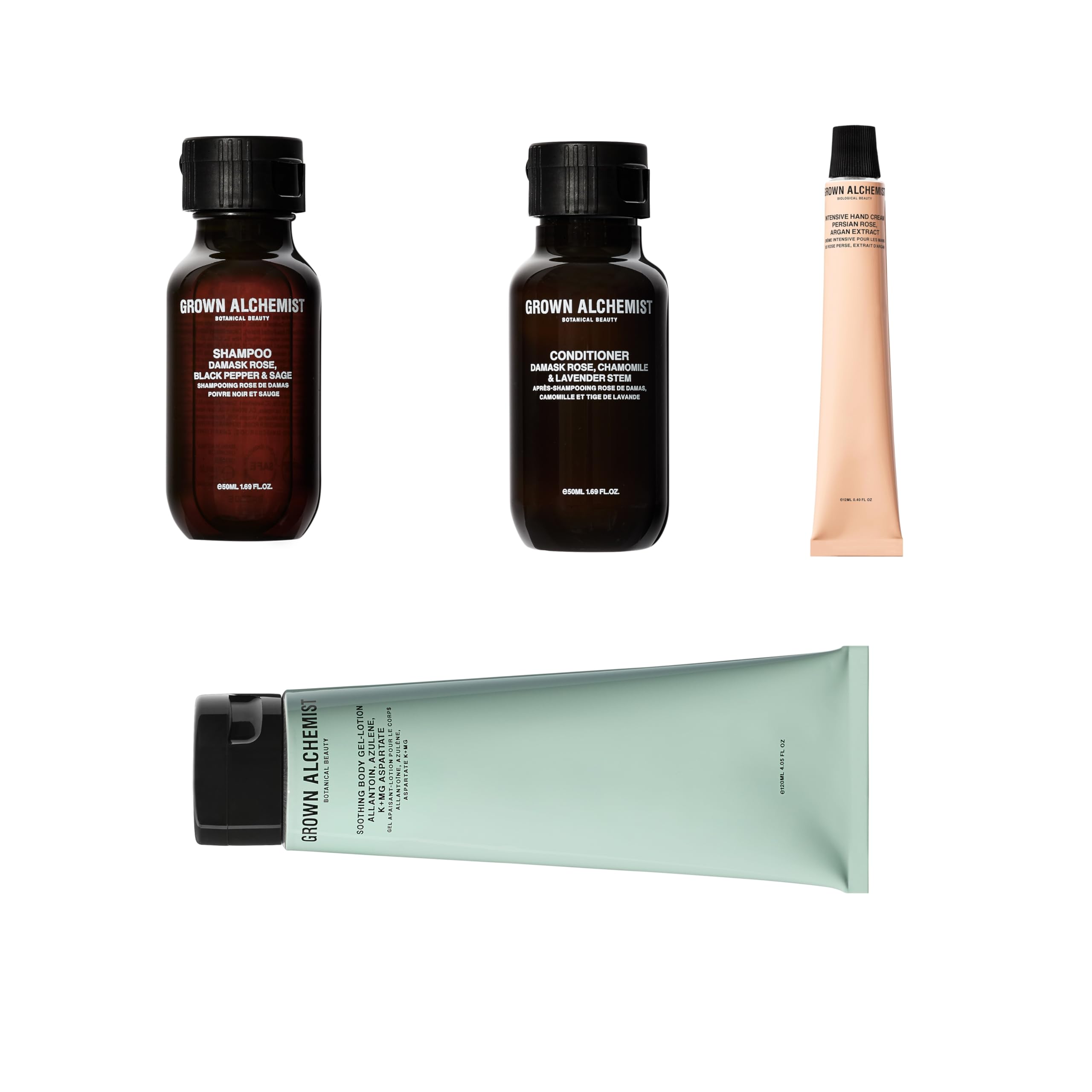 Grown Alchemist Hair, Hand & Body Routine Natural Skincare Kit and Beauty Bag - Hydrating Body Cleanser 120 ml, Intensive Hand Cream 12 ml, Sulphate, Silicone Free Shampoo and Conditioner 4 x 50 ml