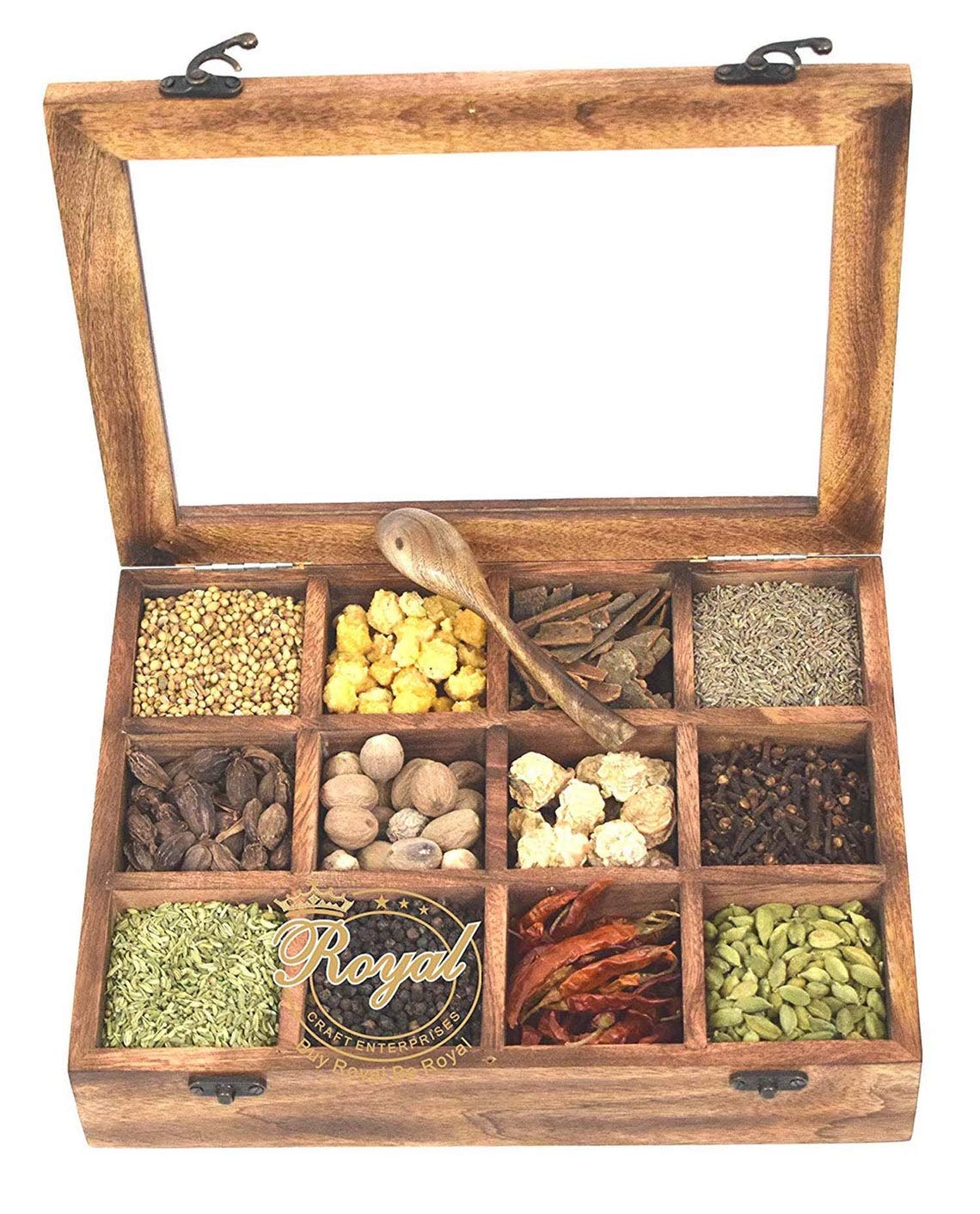 Galaxy Indiacraft Wooden Multipurpose Utility Table Top Spice Box | Removable Containers | Jars Cum Kitchen and Dry Fruit Box with Spoon (4 Multi-Compartments)