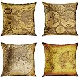 ArtSocket Set of 4 Throw Pillow Covers Vintage Old World Map Cartography Antique Sepia Discovery Continental Political Continents Decorative Pillow Cases Home Decor Square 18x18 Inches Pillowcases