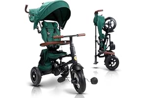 POSH BABY & KIDS QPlay Rito - Premium Luxury Foldable Trike for Toddlers featuring leather touchpoints, Toddler Tricycle Stroller, Push & Fold Tricycle for Ages 12 Months to 5 Years, Alpine Green Edition