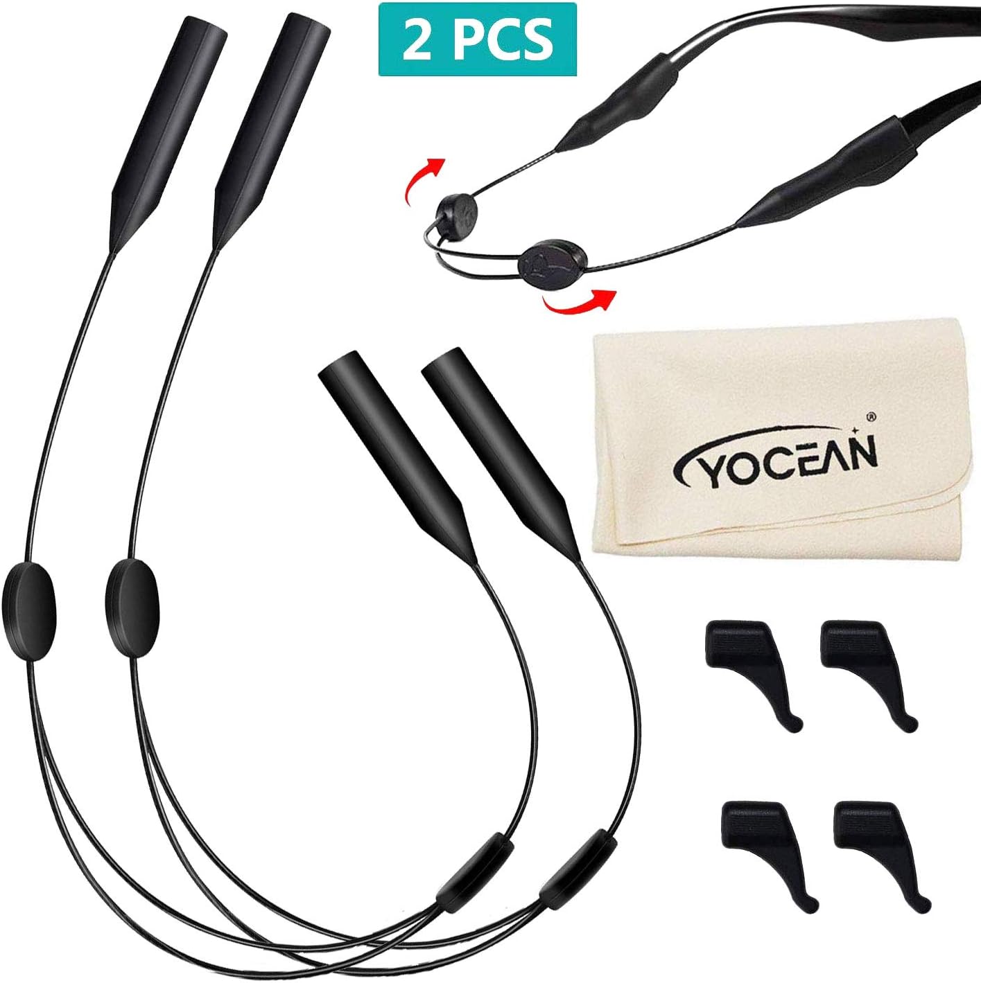 YOCEAN Kids Glasses Strap (2 Pack) Adjustable Sports Waterproof, No Tail Sunglasses straps for Kids10 inches (with 1 Suede Cloth and Glasses Pouch) 4 Anti-Slip Hooks