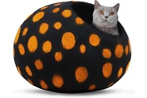 Woolygon Premium Felt Cat Cave Bed - Polka Dot Series - Wool Kitty Beds Handcrafted Kitten Caves Bed for Indoor Cats - Eco-Friendly Merino Wool, Foldable Cat Hideaway Cat Houses (Yellow/Black Dots)