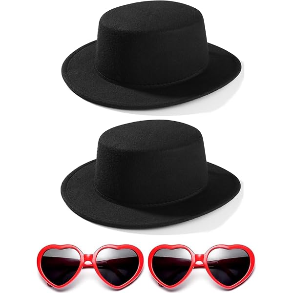 Classic Fedora Hat + Heart Sunglasses Costume Outfit Set Fashion Classic Black Fedora Hats + Red Heart Sunglasses  main image 2