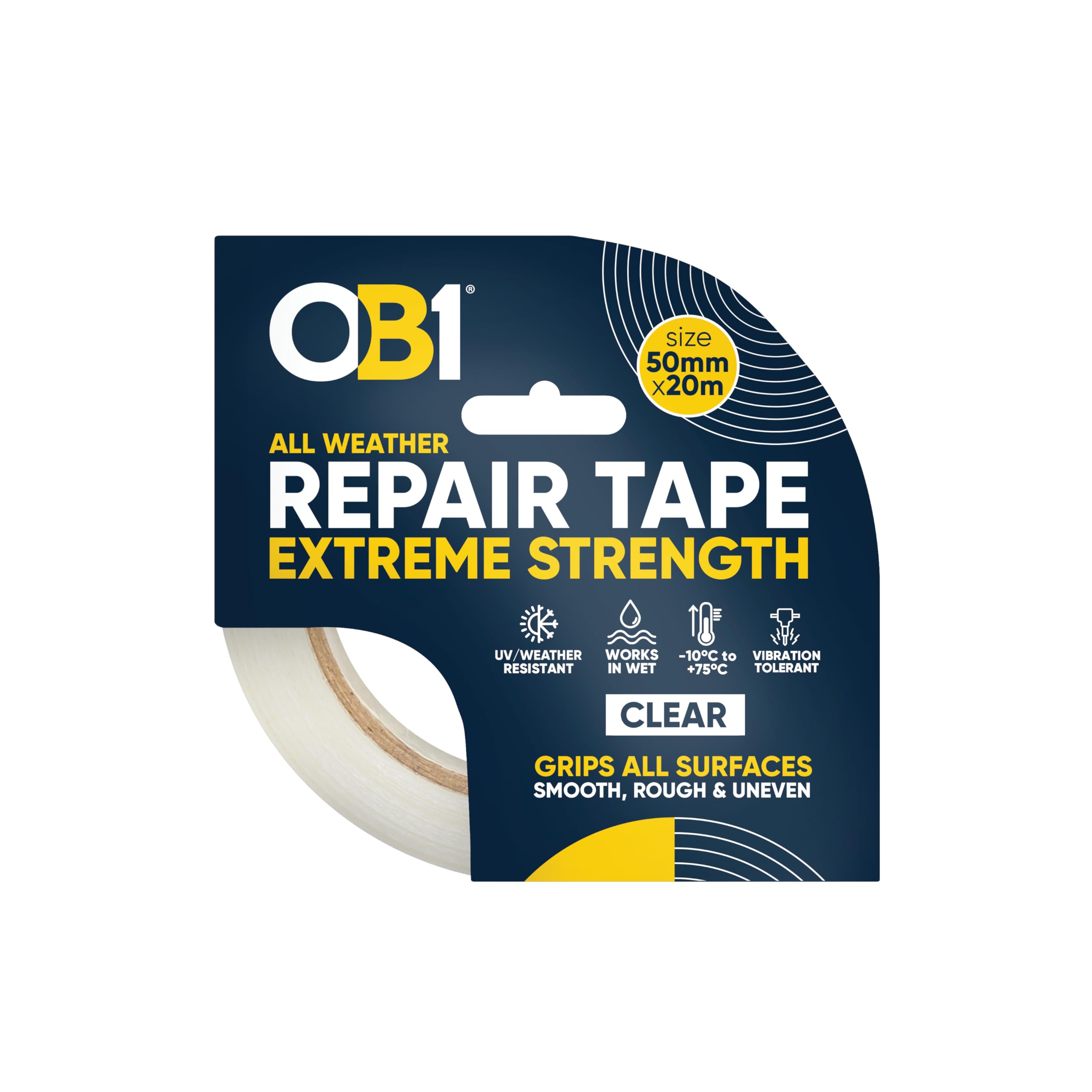OB1 Clear All Weather Repair Tape Extreme Strength - Ultra Strong Waterproof Duct Tape - Maximum Bond Strength - Heat, Water & UV Resistant - Indoor & Outdoor Use - 50mm x 20m Roll