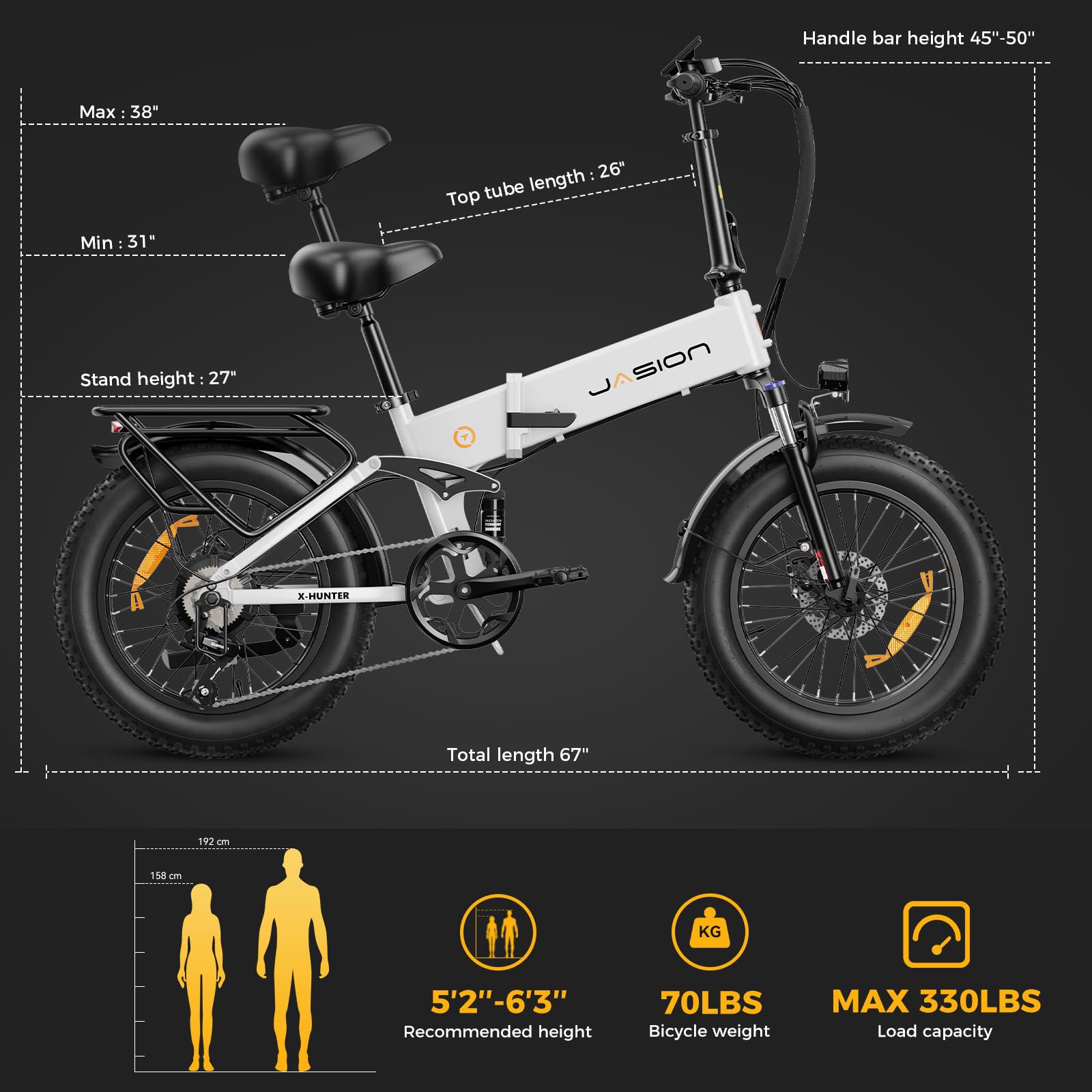 Jasion X-Hunter Electric Bike for Adults,1400W Peak Motor 70+ Miles 30MPH Foldable Ebike,624WH Removable Battery,20’’*4 Fat Tire Full Suspension Bicycle for Commute,Snow,Mountain with 7-Speed